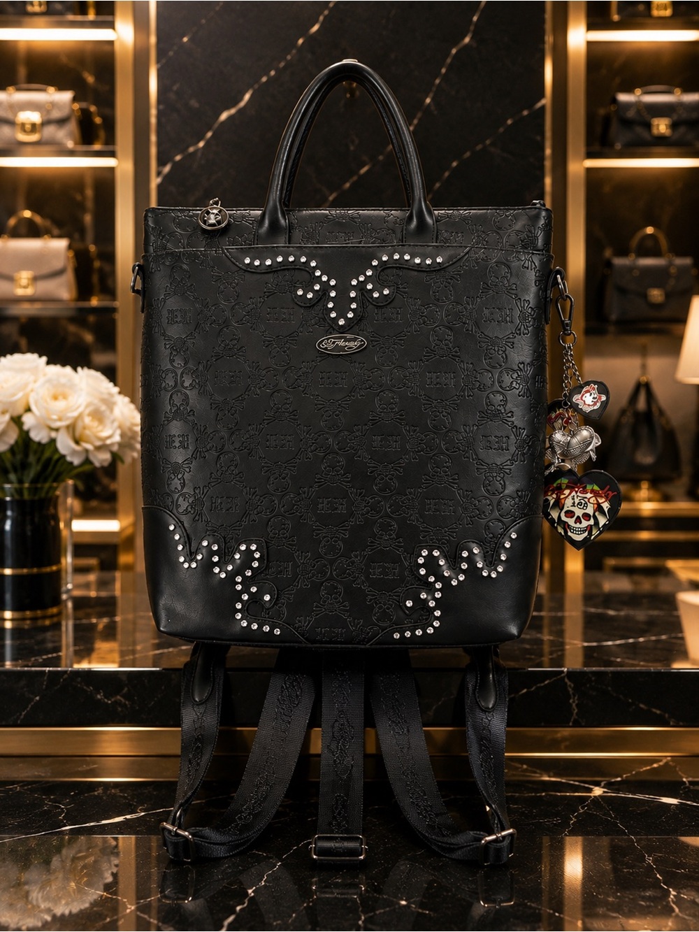 Ed Hardy Black Skull Embossed Rhinestone Convertible Backpack Tote Bag